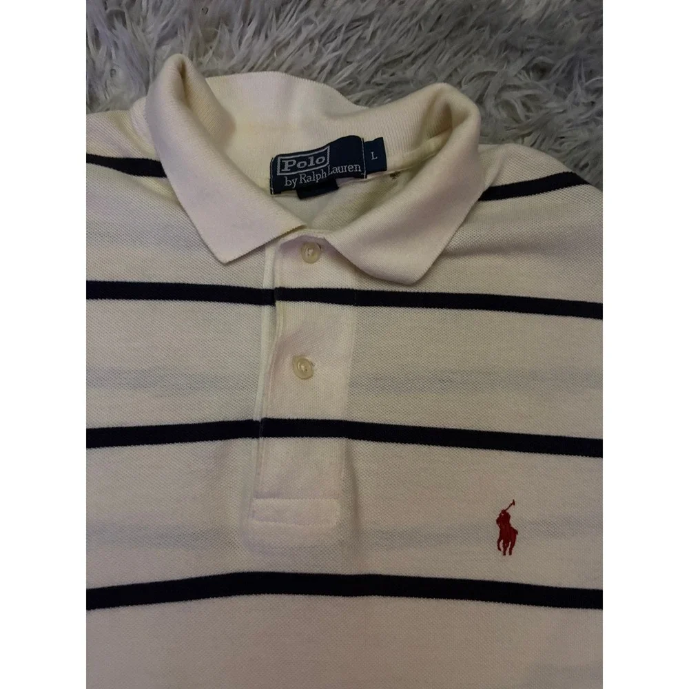 Polo Ralph Lauren Mens L Striped Polo Shirt White Navy Blue Red Pony Logo Cotton